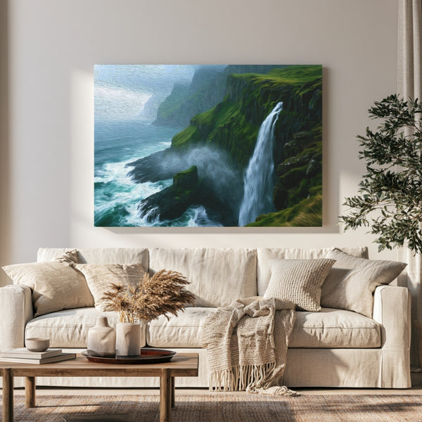 Faroe Islands, Denmark | Mulafossur Waterfall Coastal Cliffs | Original Series Gallery Canvas