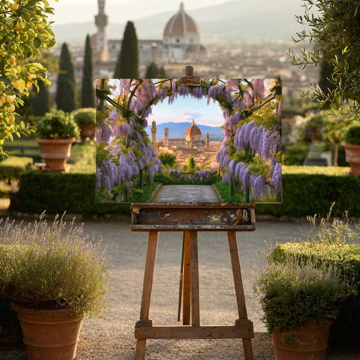 Canvas print of the Florence Duomo seen through a wisteria tunnel, shown on a wooden easel in a formal garden above Florence with the real Duomo in the distance (setting is a digital mockup). Part of The Painted Passport Original Series. — Florence, Italy