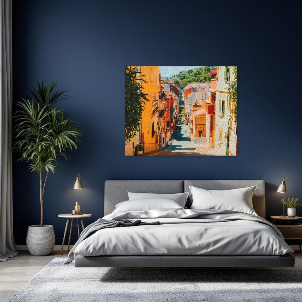 Gracia, Barcelona | Colorful Hillside Village Street | Original Series Gallery Canvas detail