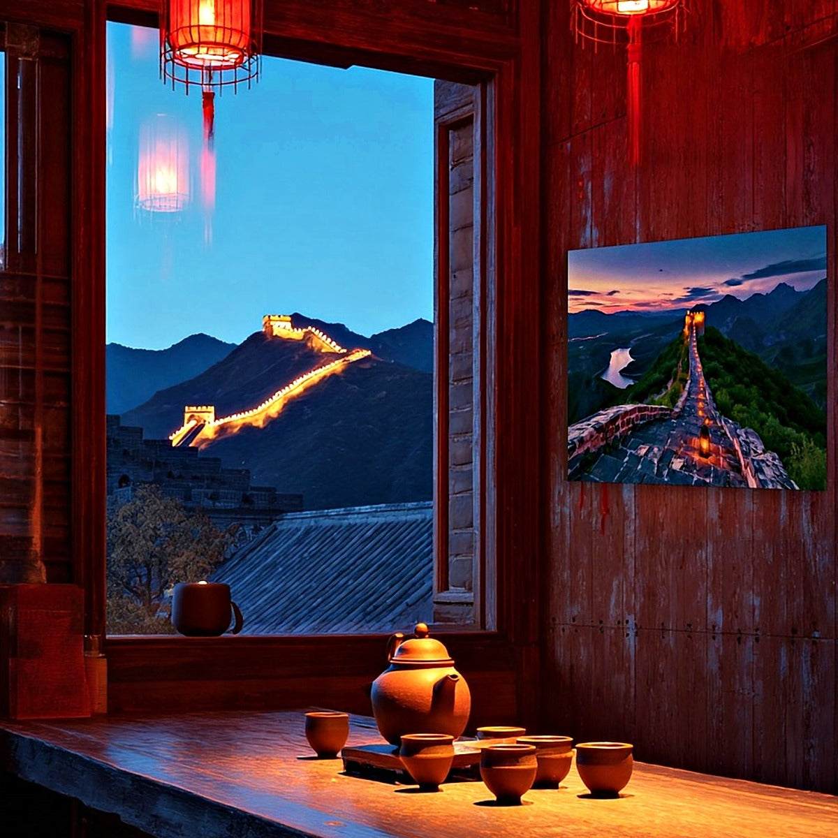 Watercolor canvas print of the Great Wall of China lit by lanterns at dusk, shown on a wooden teahouse wall beside a window view of the illuminated Wall (room is a digital mockup). Part of The Painted Passport Original Series. — Great Wall of China