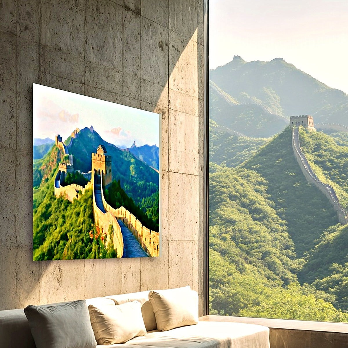 Watercolor canvas print of the Jinshanling Great Wall over green summer mountains, shown on a concrete wall beside a window view of the real Great Wall (room is a digital mockup). Part of The Painted Passport Original Series. — Great Wall of China