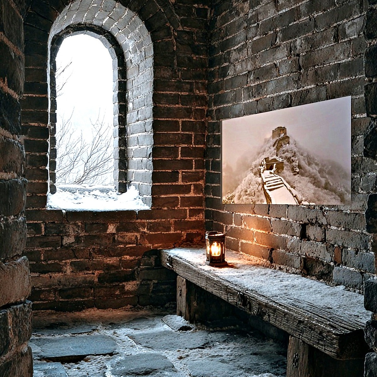 Watercolor canvas print of a snowy Great Wall of China tower in winter fog, shown inside a stone watchtower lit by an oil lamp (room is a digital mockup). Part of The Painted Passport Original Series. — Great Wall of China