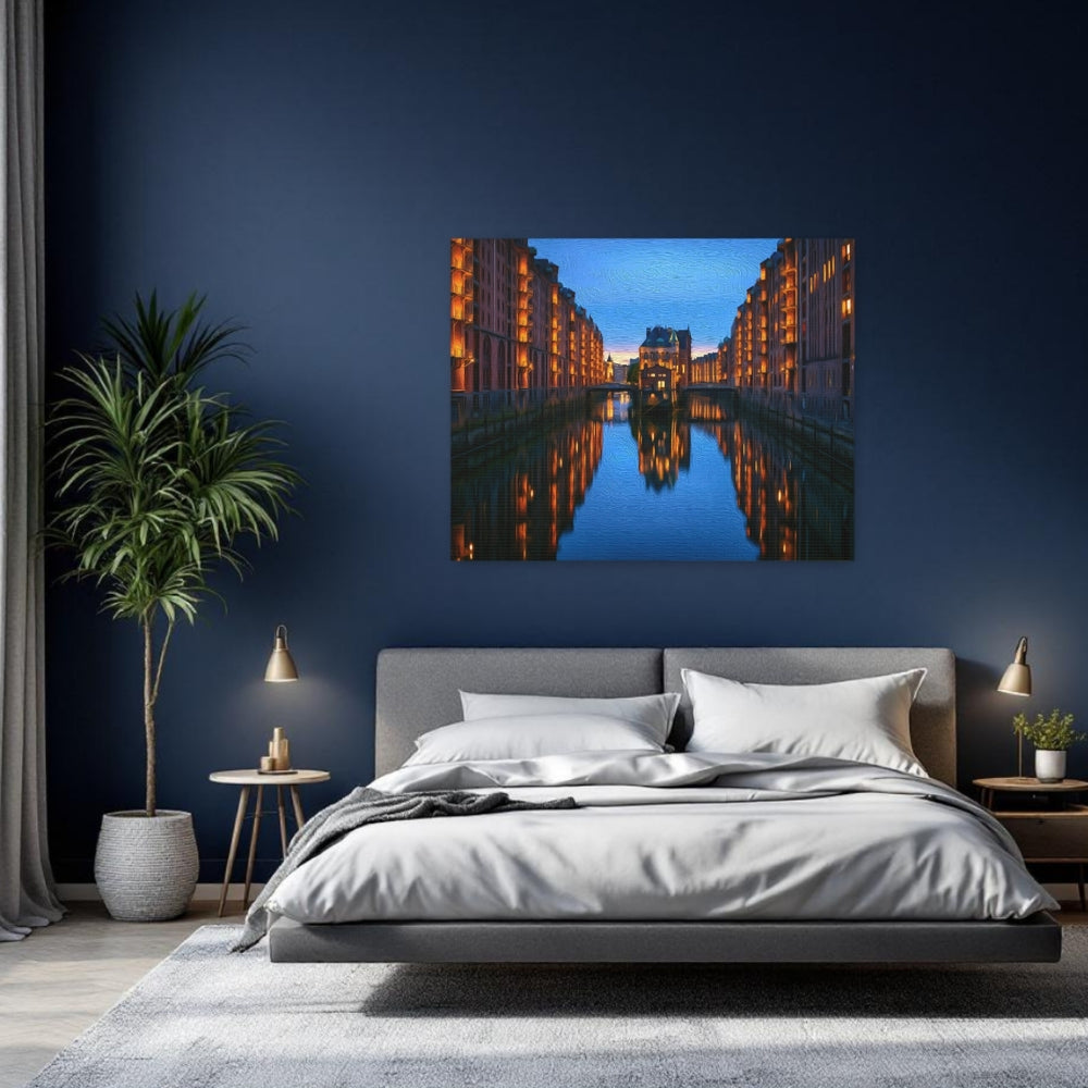 Hamburg, Germany | Speicherstadt Canal at Dusk | Original Series Gallery Canvas detail