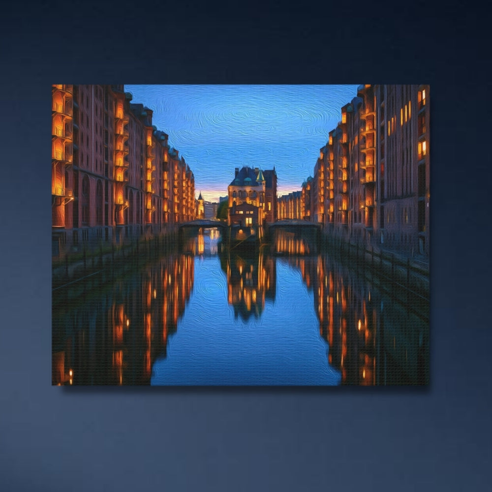 Hamburg, Germany | Speicherstadt Canal at Dusk | Original Series Gallery Canvas detail