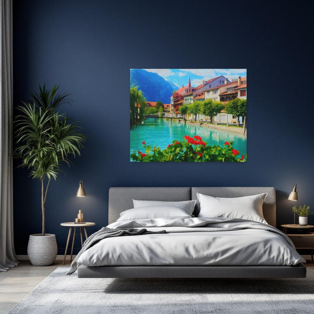 Interlaken, Switzerland | Riverside Town Alpine Vista | Original Series Gallery Canvas detail
