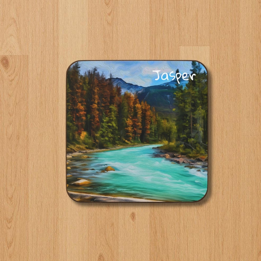 Jasper, Alberta | Mountain River Through Forest | Original Series Hardboard Coaster