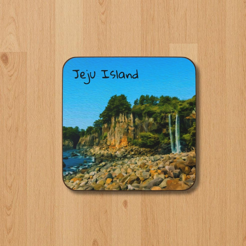 Jeju Island, South Korea | Coastal Cliffs and Waterfall | Original Series Hardboard Coaster