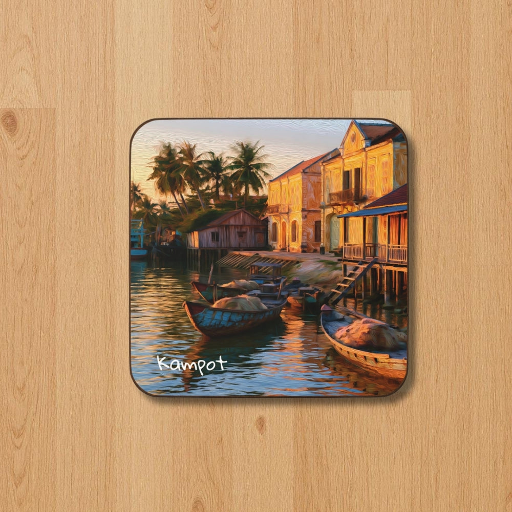 Kampot, Cambodia | Riverside Stilt Houses at Sunset | Original Series Hardboard Coaster