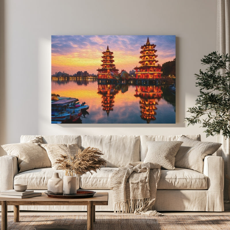 Dragon Tiger Pagodas at Dusk — Kaohsiung, Taiwan, view 1