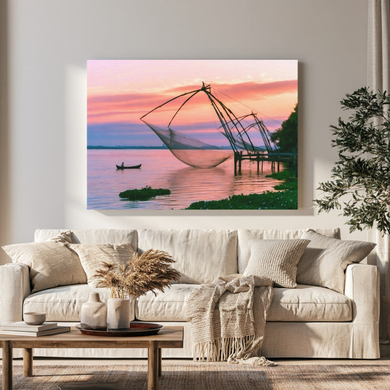 Chinese Fishing Nets Sunset in a room — Kerala Backwaters, India