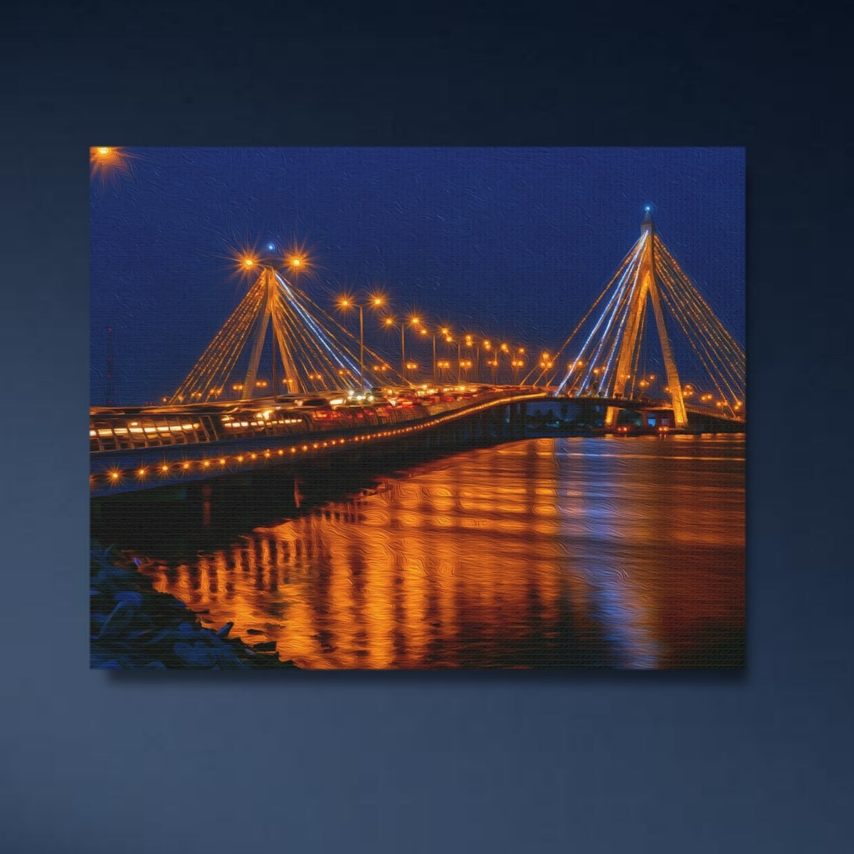 Lagos, Nigeria | Lagos Cable-Stayed Bridge Night | Original Series Gallery Canvas close-up detail