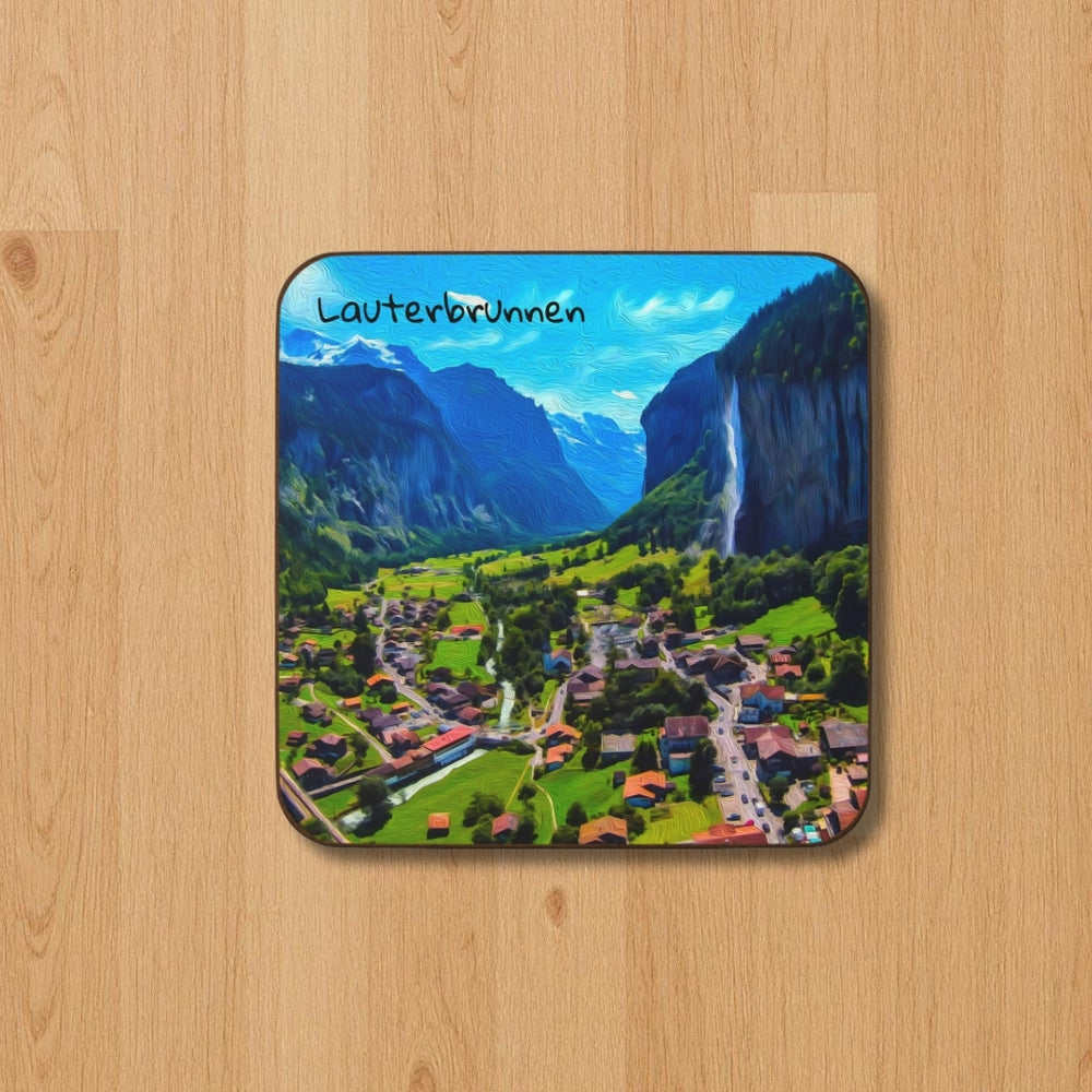 Lauterbrunnen, Switzerland | Alpine Valley Waterfall Village | Original Series Hardboard Coaster