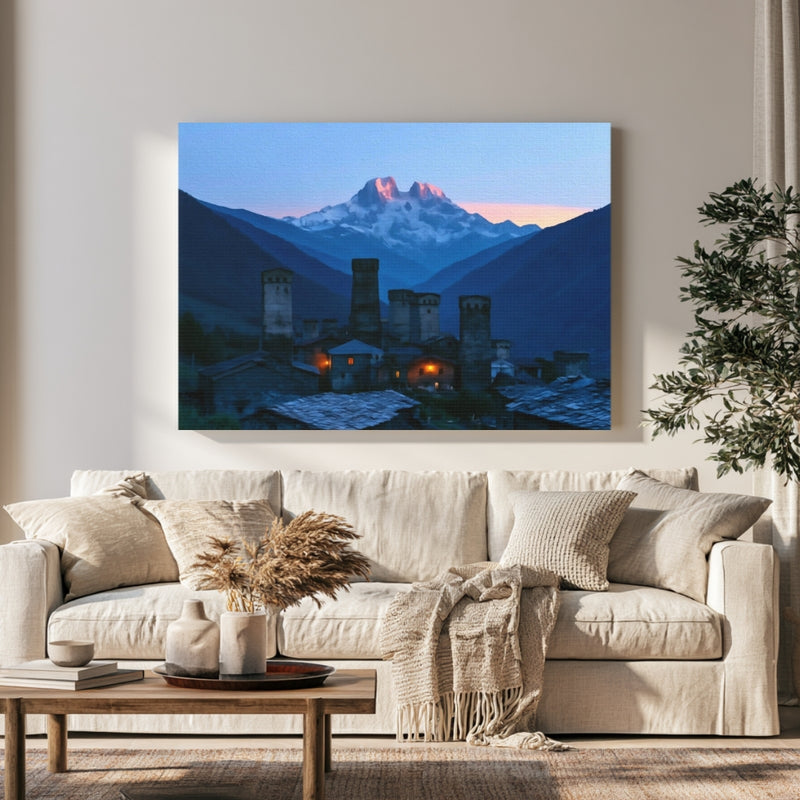 Mestia Svan Towers Dusk in a room — Mestia, Georgia