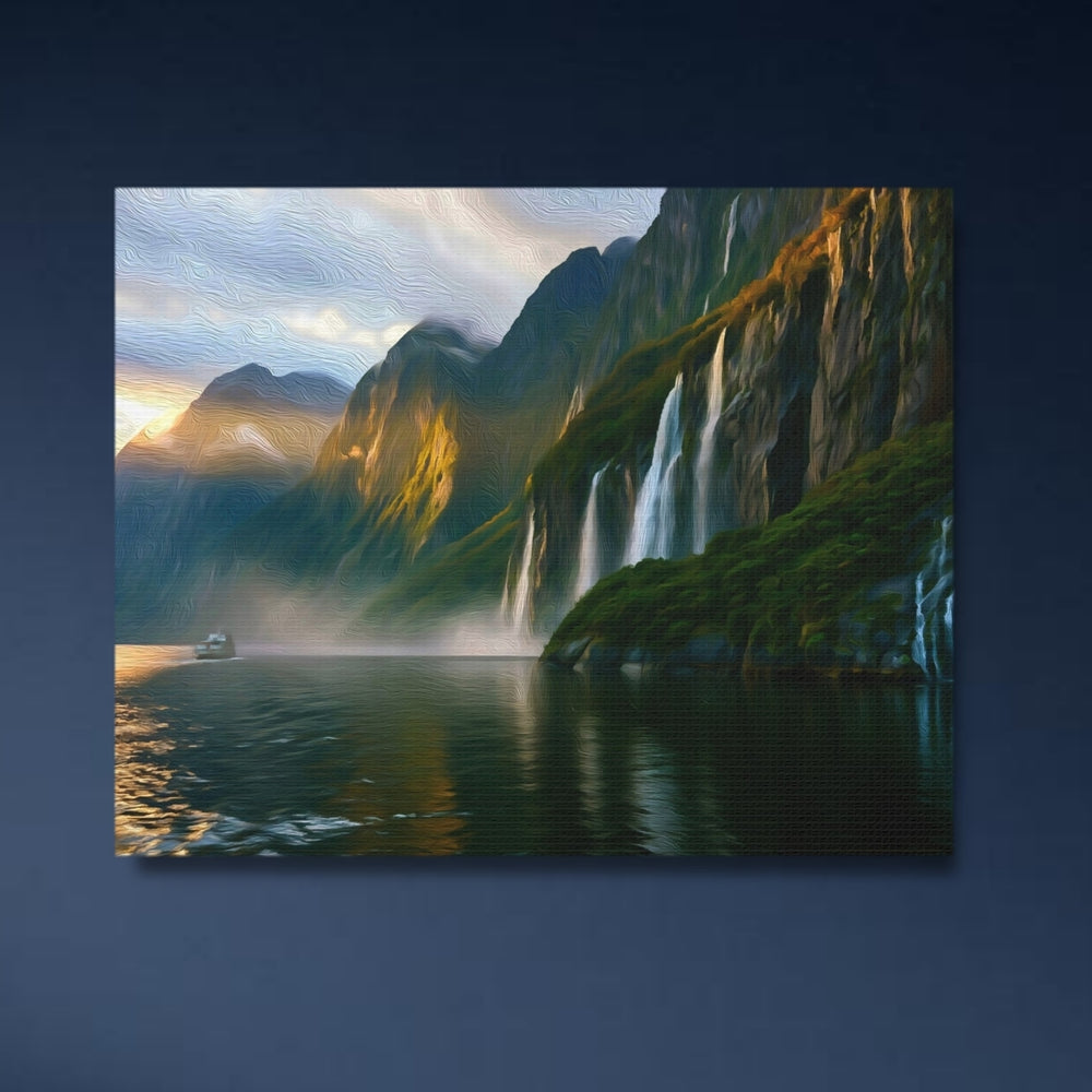 Milford Sound, New Zealand | Fjord Waterfalls at Sunset | Original Series Gallery Canvas detail