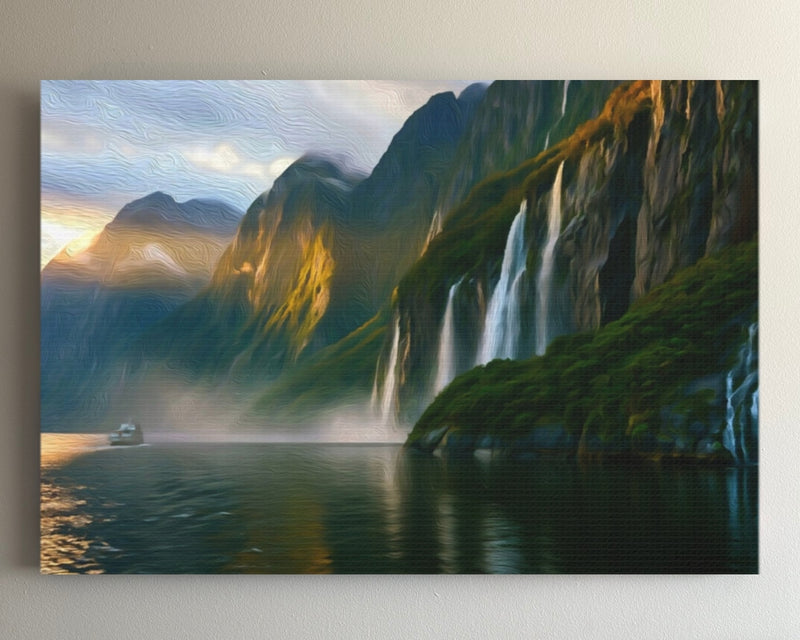 Fjord Waterfalls at Sunset — Milford Sound, New Zealand