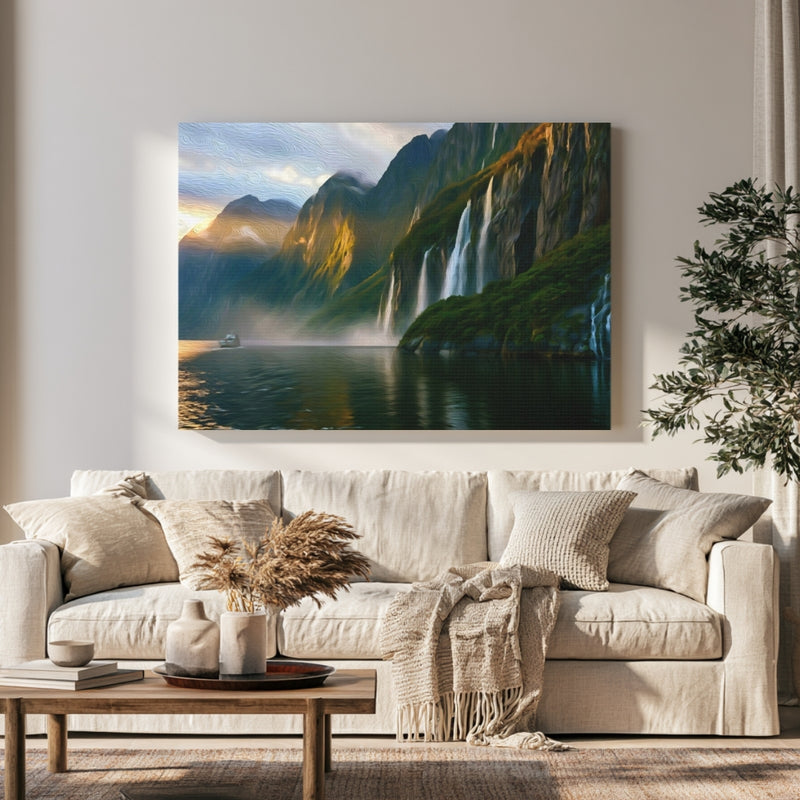Fjord Waterfalls at Sunset — Milford Sound, New Zealand, view 1