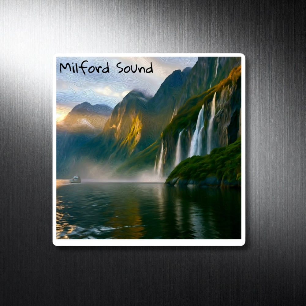 Milford Sound, New Zealand | Fjord Waterfalls at Sunset | Original Series Decorative Magnet