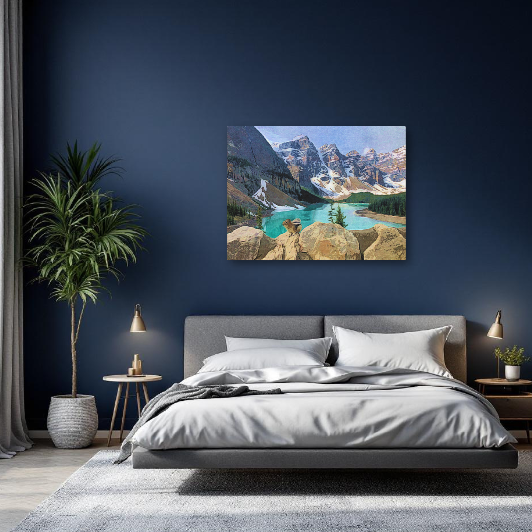 Archival canvas print of the Moraine Lake watercolor study displayed in a modern bedroom with dark blue walls and a gray bed.