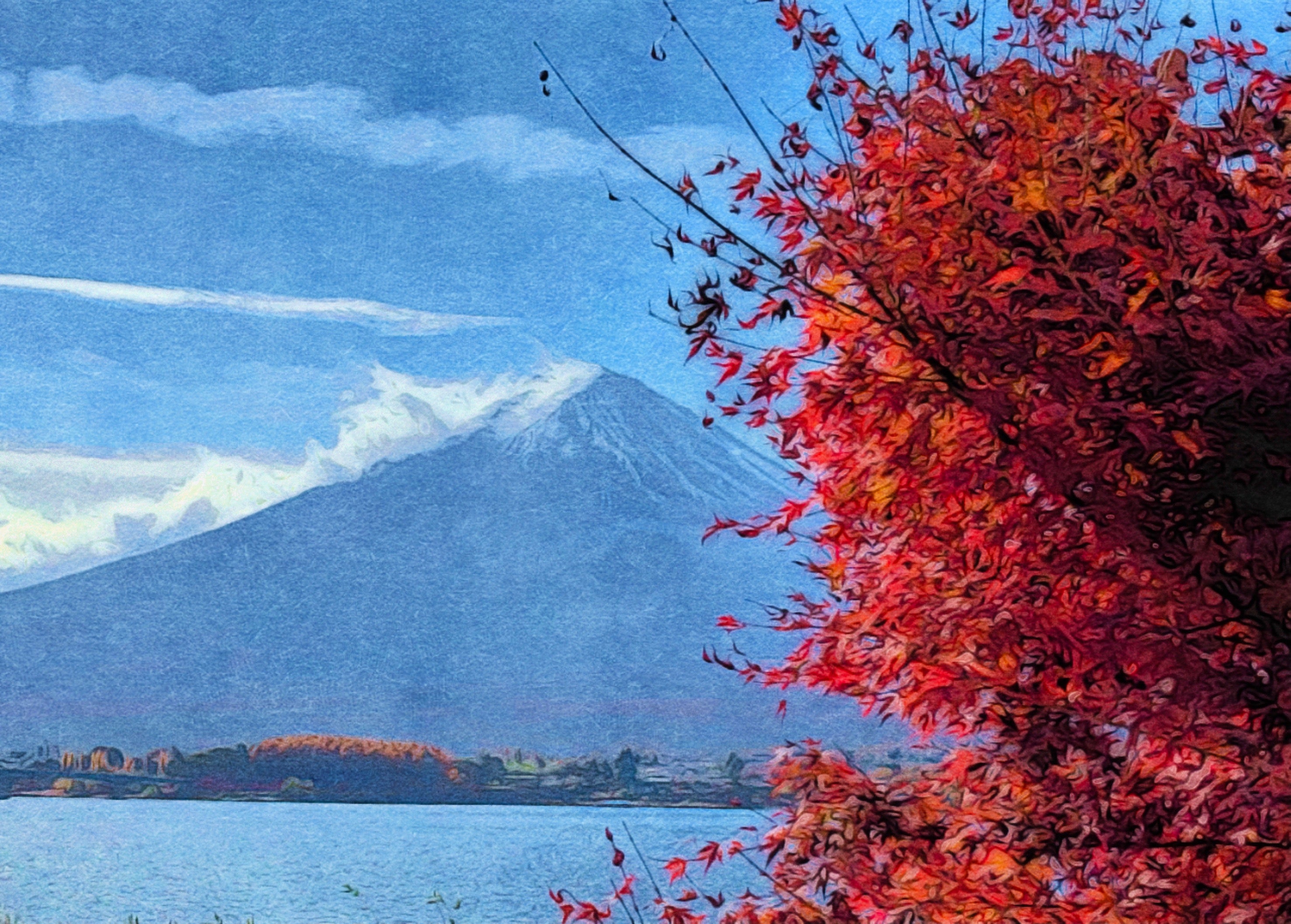 A serene landscape of Mount Fuji in Japan with a snow-dusted peak, viewed across a calm blue lake and framed by vibrant red autumn maple leaves in the foreground.