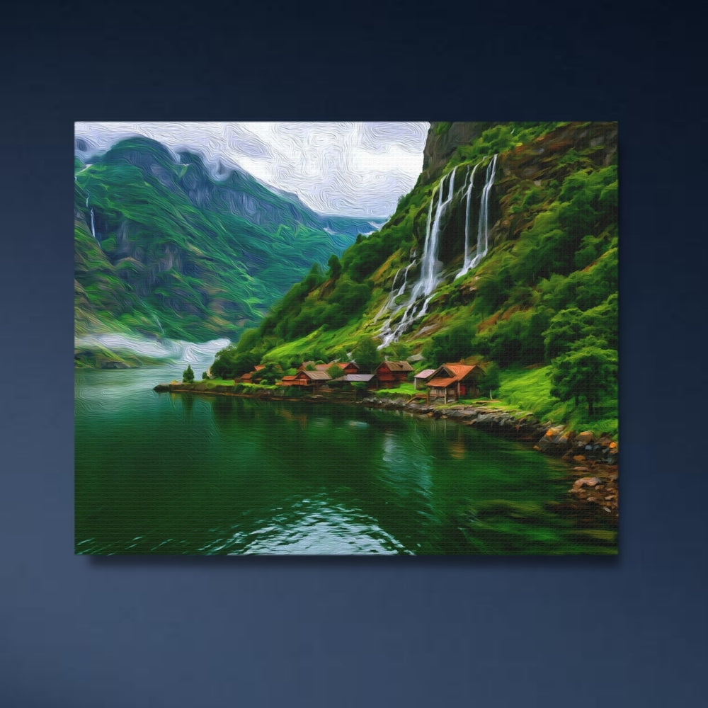 Nærøyfjord, Norway | Fjord Village Waterfall Vista | Original Series Gallery Canvas detail