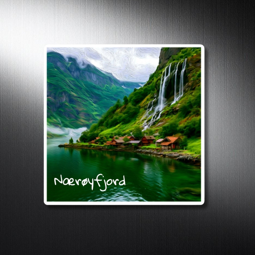 Nærøyfjord, Norway | Fjord Village Waterfall Vista | Original Series Decorative Magnet