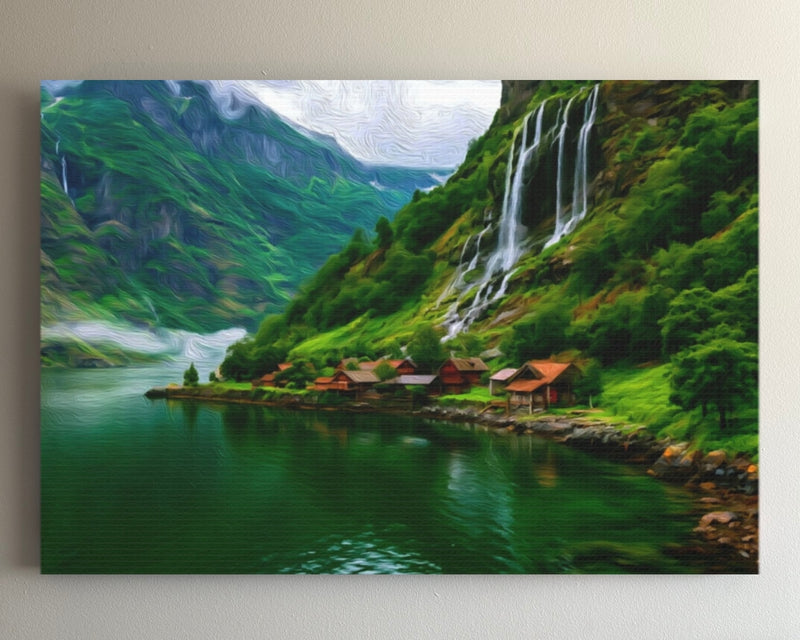 Fjord Village Waterfall Vista — Nærøyfjord, Norway