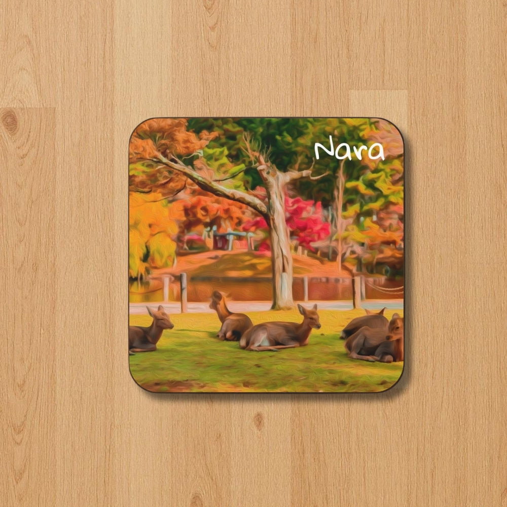 Nara, Japan | Sacred Deer in Autumn Park | Original Series Hardboard Coaster