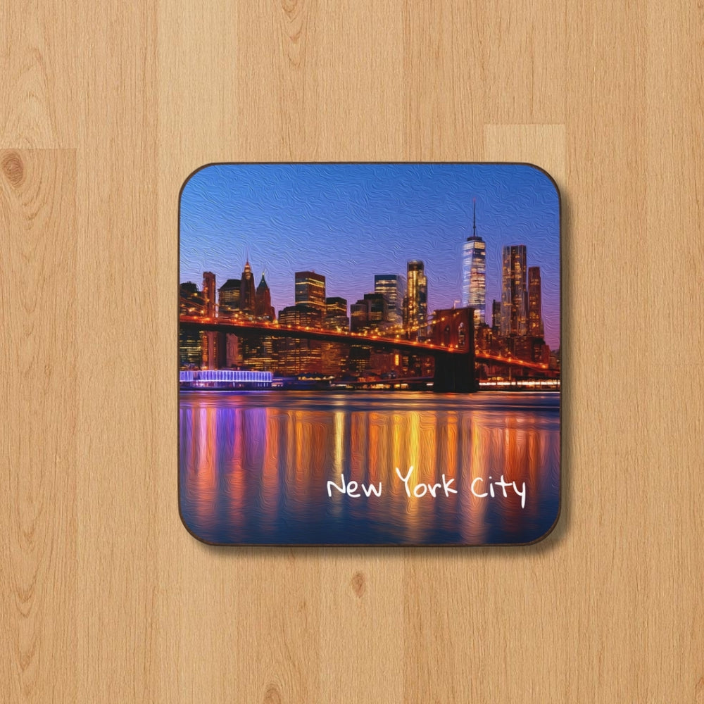 New York City, New York | Brooklyn Bridge Night Skyline | Original Series Hardboard Coaster