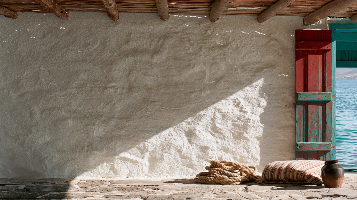 The Milos collection hung together in a Milos-inspired room