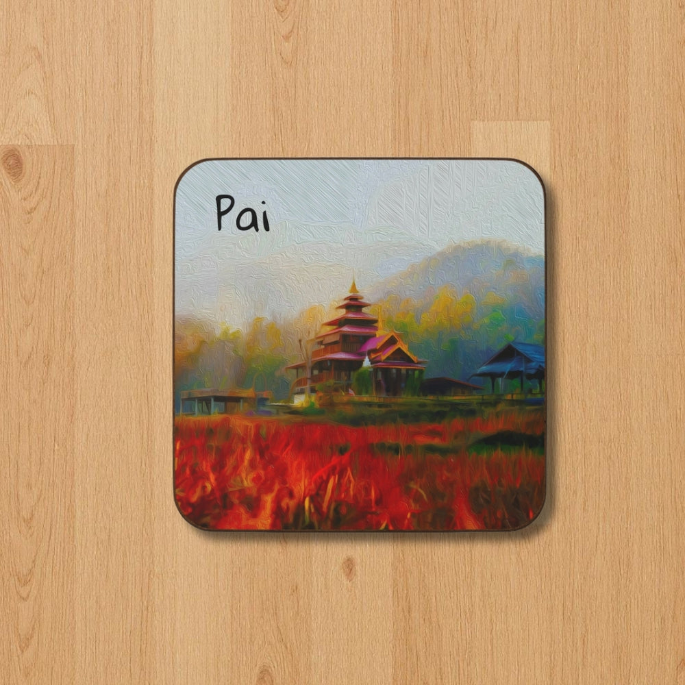Pai, Thailand | Misty Temple Rice Fields | Original Series Hardboard Coaster