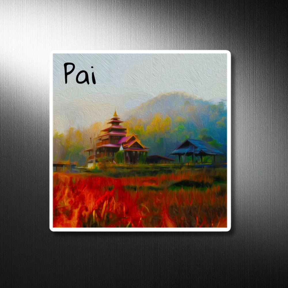 Pai, Thailand | Misty Temple Rice Fields | Original Series Decorative Magnet