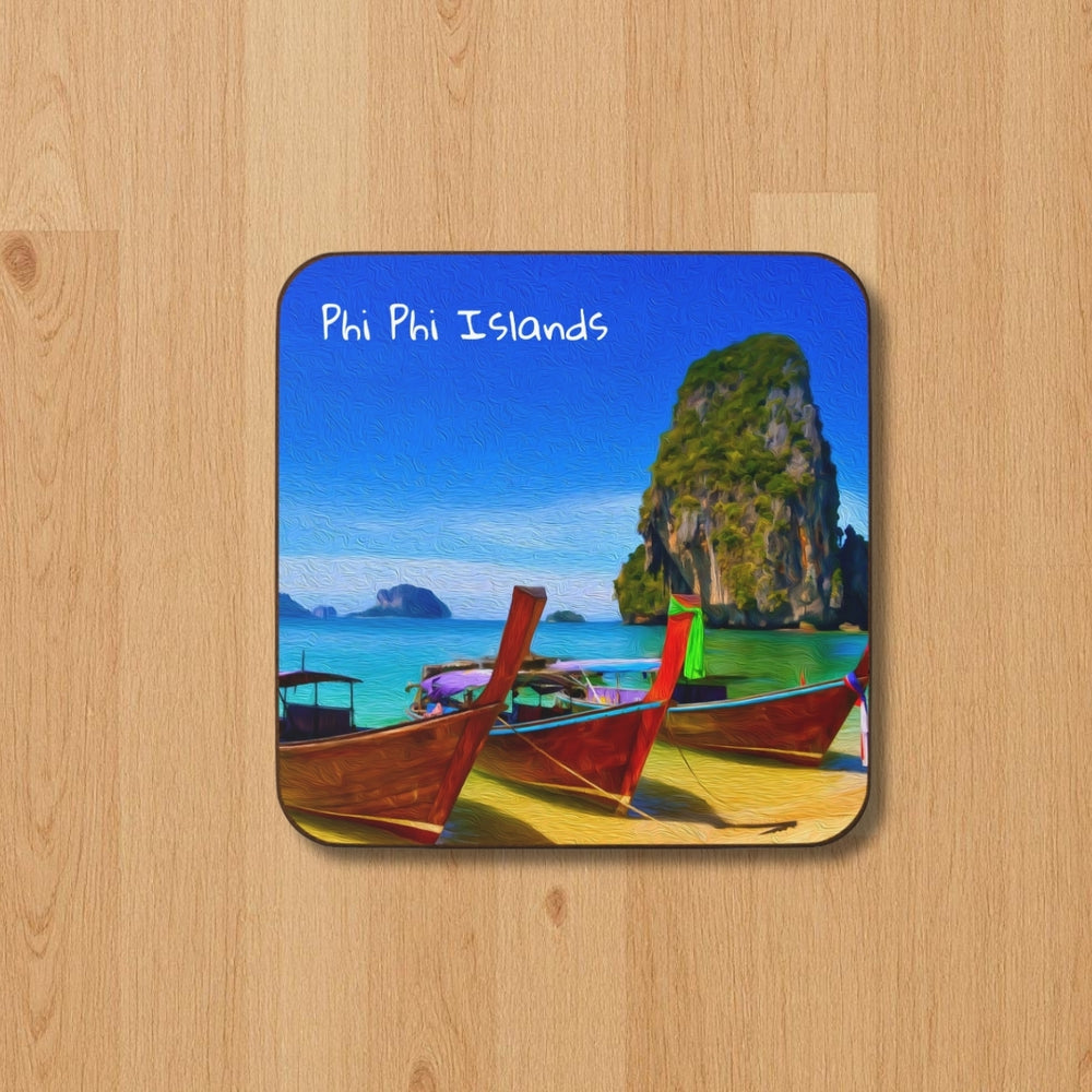 Phi Phi Islands, Thailand | Longtail Boats Tropical Shore | Original Series Hardboard Coaster