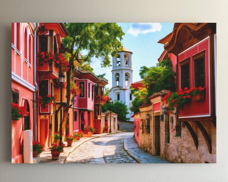 Old Town Cobblestone Street Bell Tower — Plovdiv, Bulgaria
