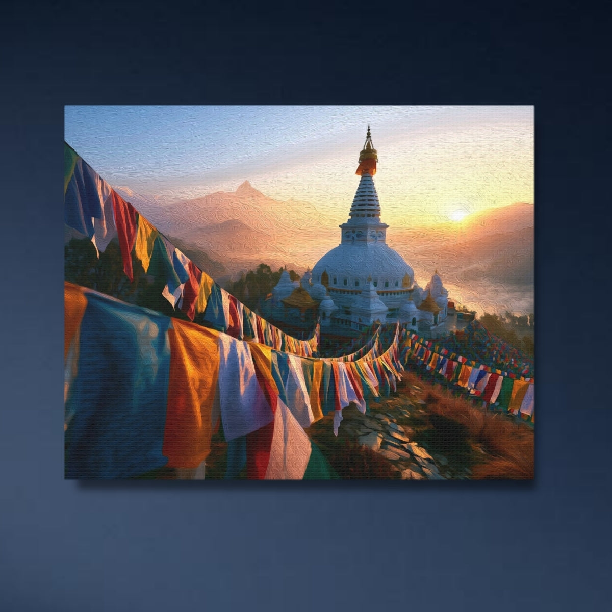 World Peace Pagoda Sunrise Prayer Flags — Pokhara, Nepal, close-up detail