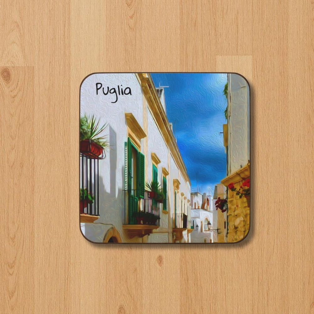 Puglia, Italy | Whitewashed Alley With Flowers | Original Series Hardboard Coaster
