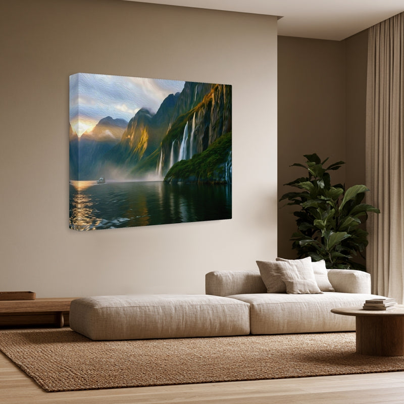 Fjord Waterfalls at Sunset — Milford Sound, New Zealand, view 3