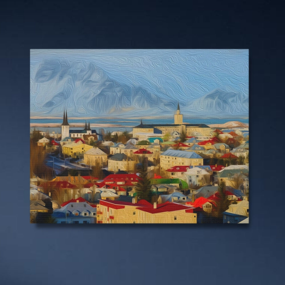 Reykjavik, Iceland | Colorful Arctic Capital Cityscape | Original Series Gallery Canvas detail