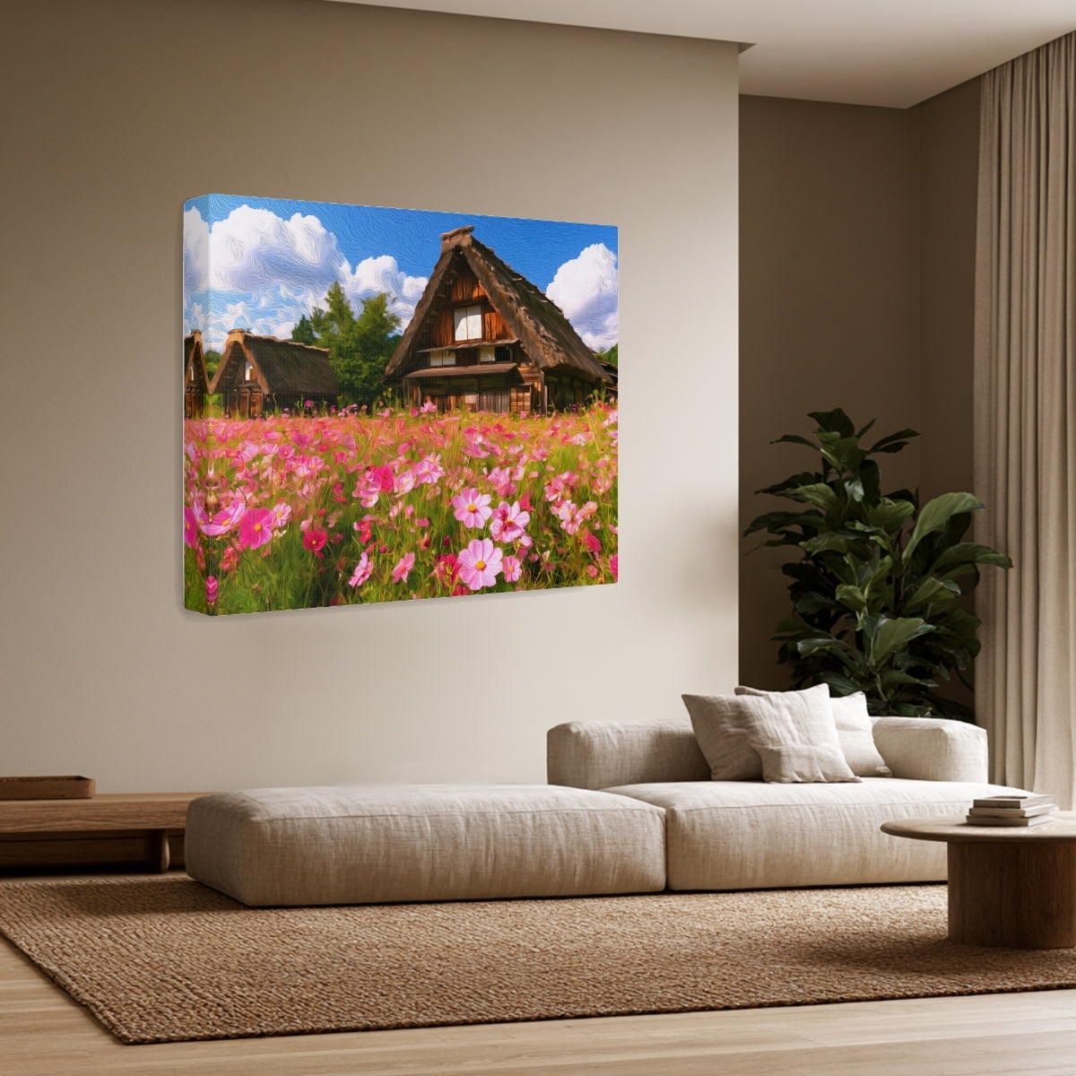 Gassho-zukuri Farmhouses Cosmos Field — Shirakawa-go, Japan, view 2