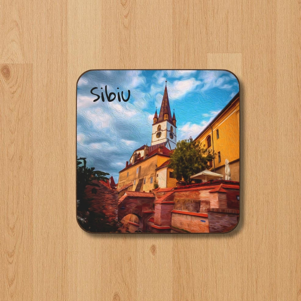 Sibiu, Romania | Lutheran Cathedral Clock Tower | Original Series Hardboard Coaster