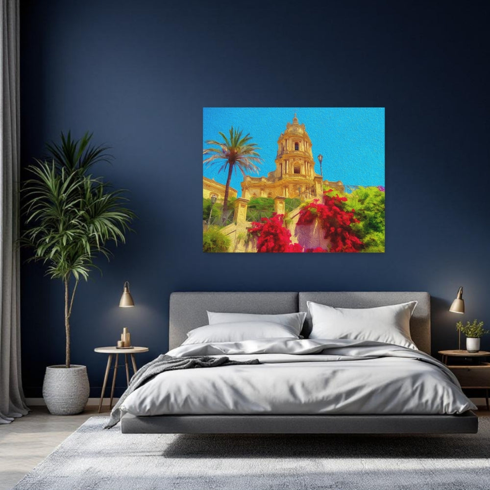 Sicily, Italy | Baroque Cathedral with Bougainvillea | Original Series Gallery Canvas detail