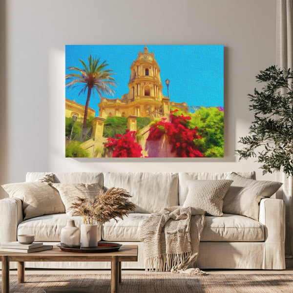 Sicily, Italy | Baroque Cathedral with Bougainvillea | Original Series Gallery Canvas