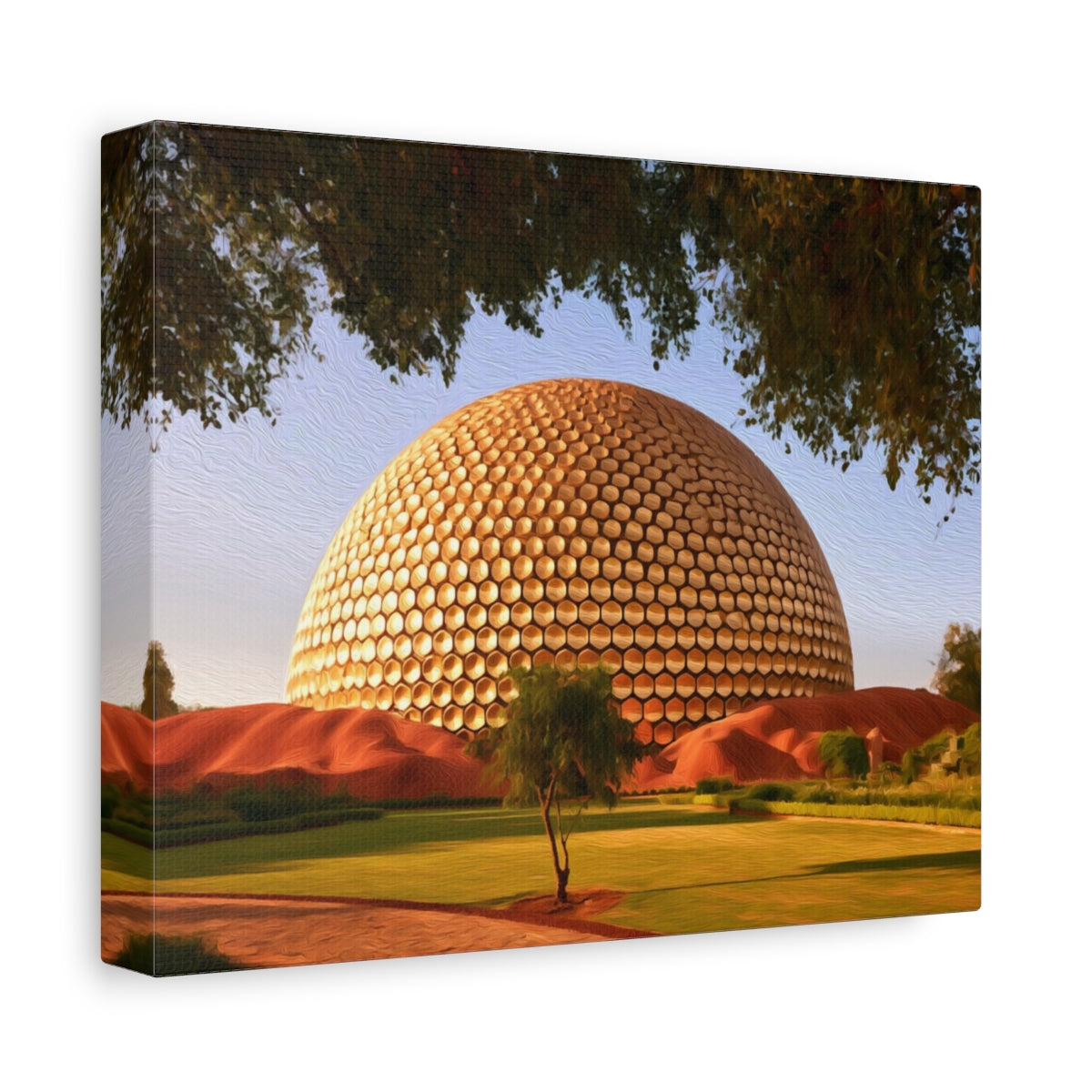 Golden Geodesic Meditation Dome — Pondicherry, India, canvas side view