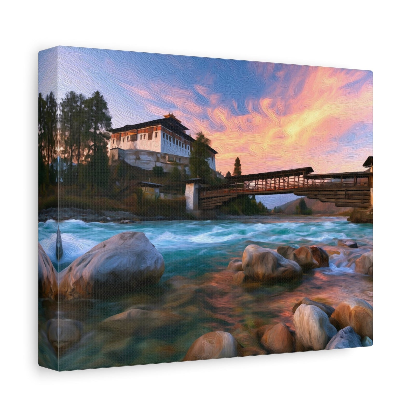 Paro Rinpung Dzong Bridge — Bhutan Paro Valley, canvas side view