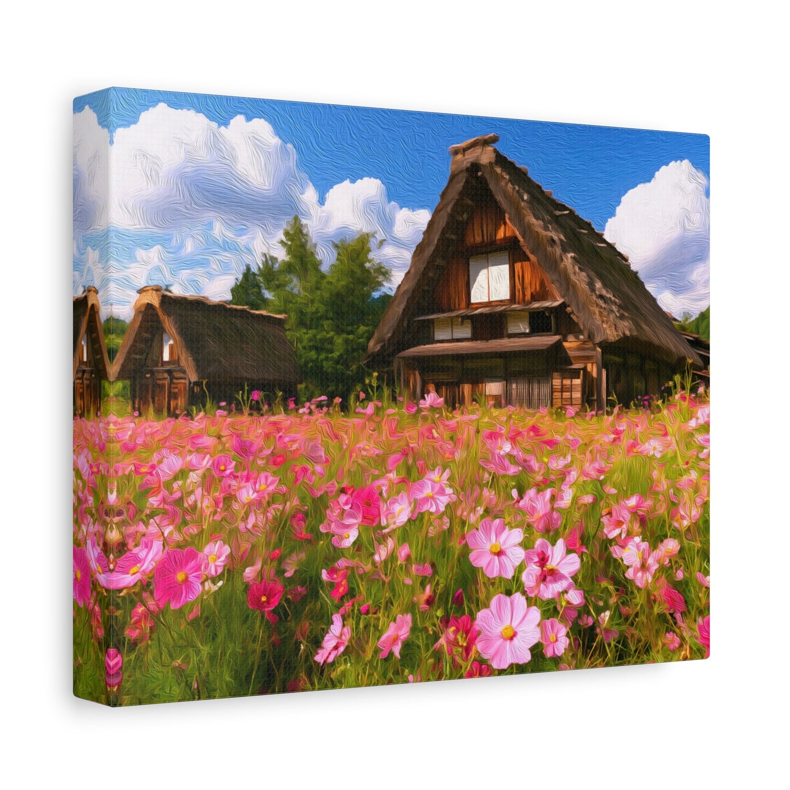 Gassho-zukuri Farmhouses Cosmos Field — Shirakawa-go, Japan, canvas side view