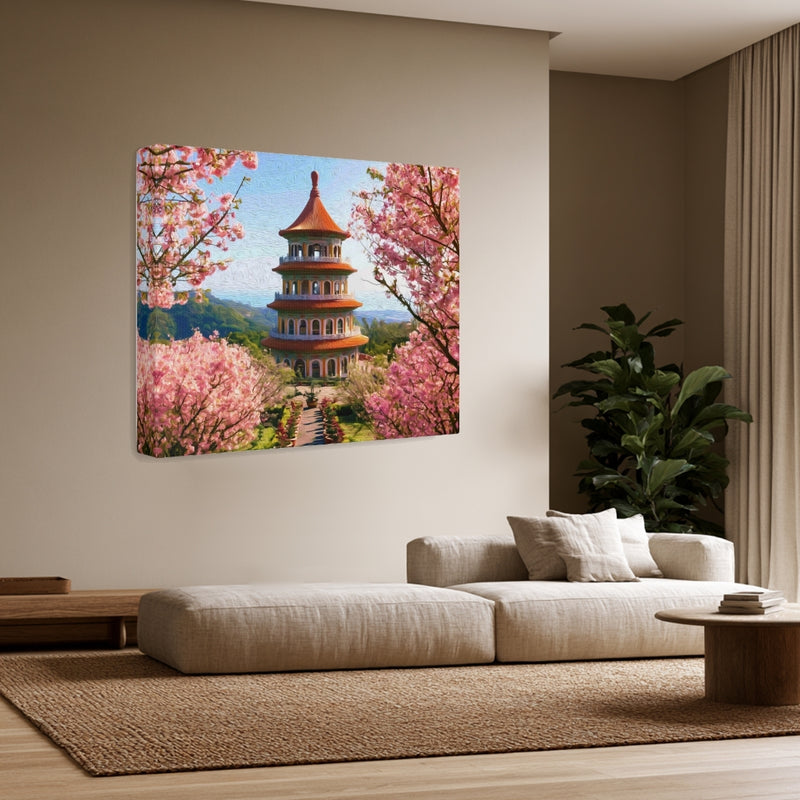 Taipei, Taiwan | Tianyuan Temple Pagoda Cherry Blossoms | Original Series Gallery Canvas