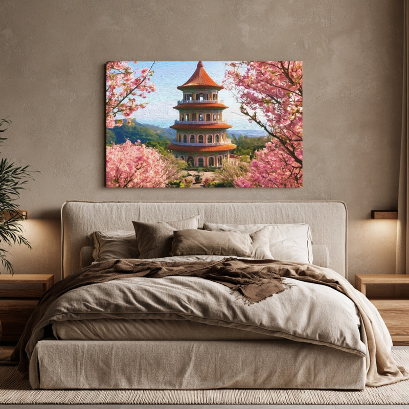 Taipei, Taiwan | Tianyuan Temple Pagoda Cherry Blossoms | Original Series Gallery Canvas