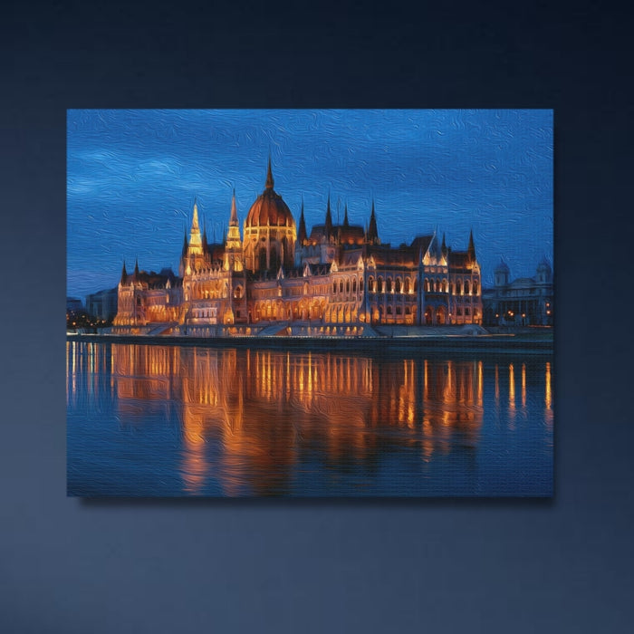 The Hungarian Parliament Building at night, from across the Danube | Hungarian Parliament Building Night | Original Series Gallery Canvas