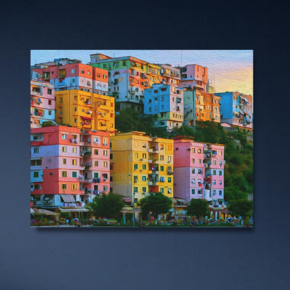 Tirana, Albania | Colorful Hillside Apartment Blocks | Original Series Gallery Canvas detail