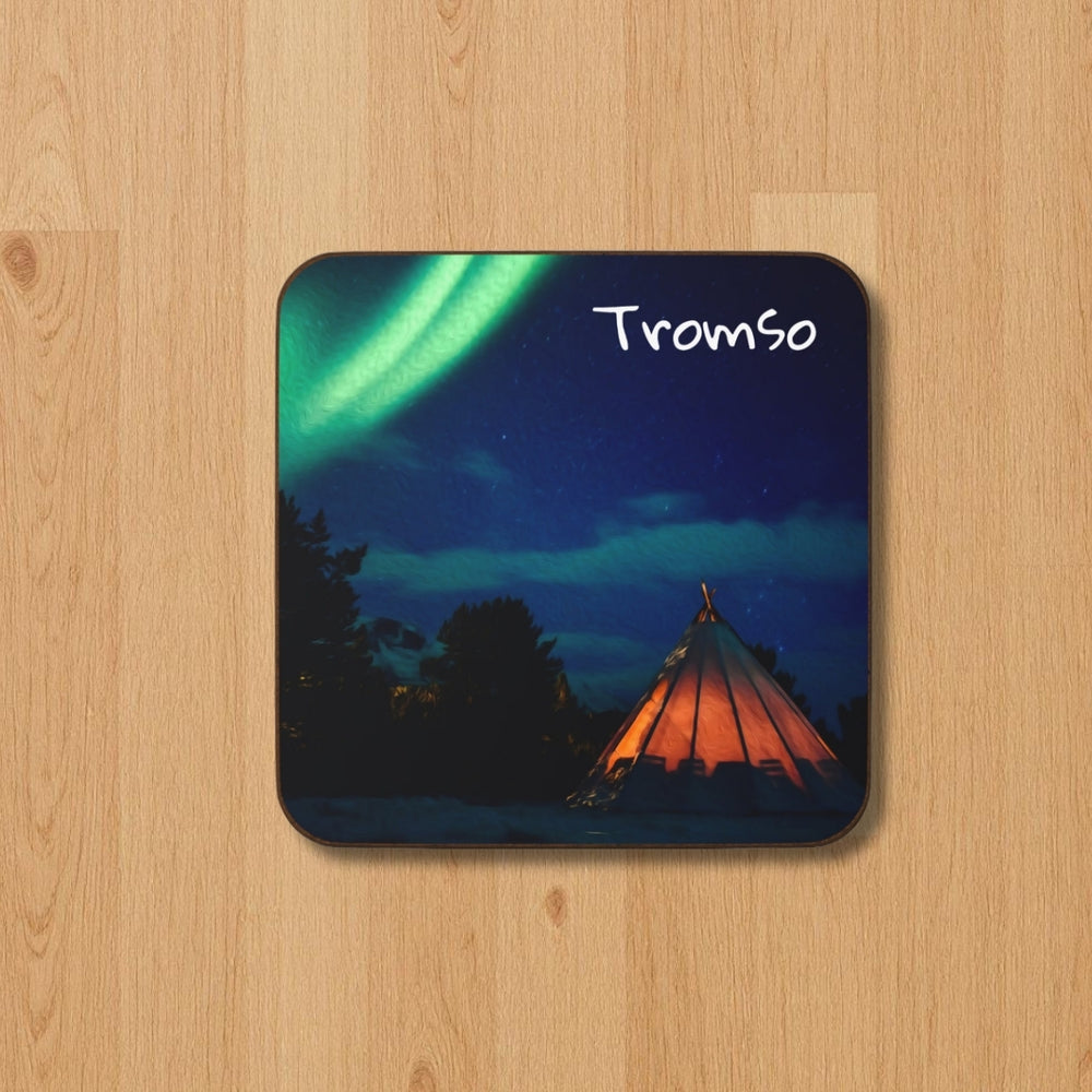 Tromso, Norway | Aurora Over Arctic Teepee | Original Series Hardboard Coaster