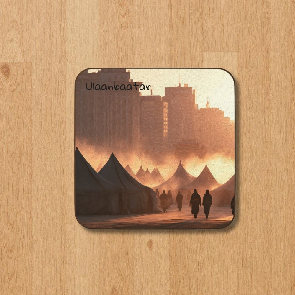 Ulaanbaatar, Mongolia | Nomadic Tents Meet Skyline | Original Series Hardboard Coaster